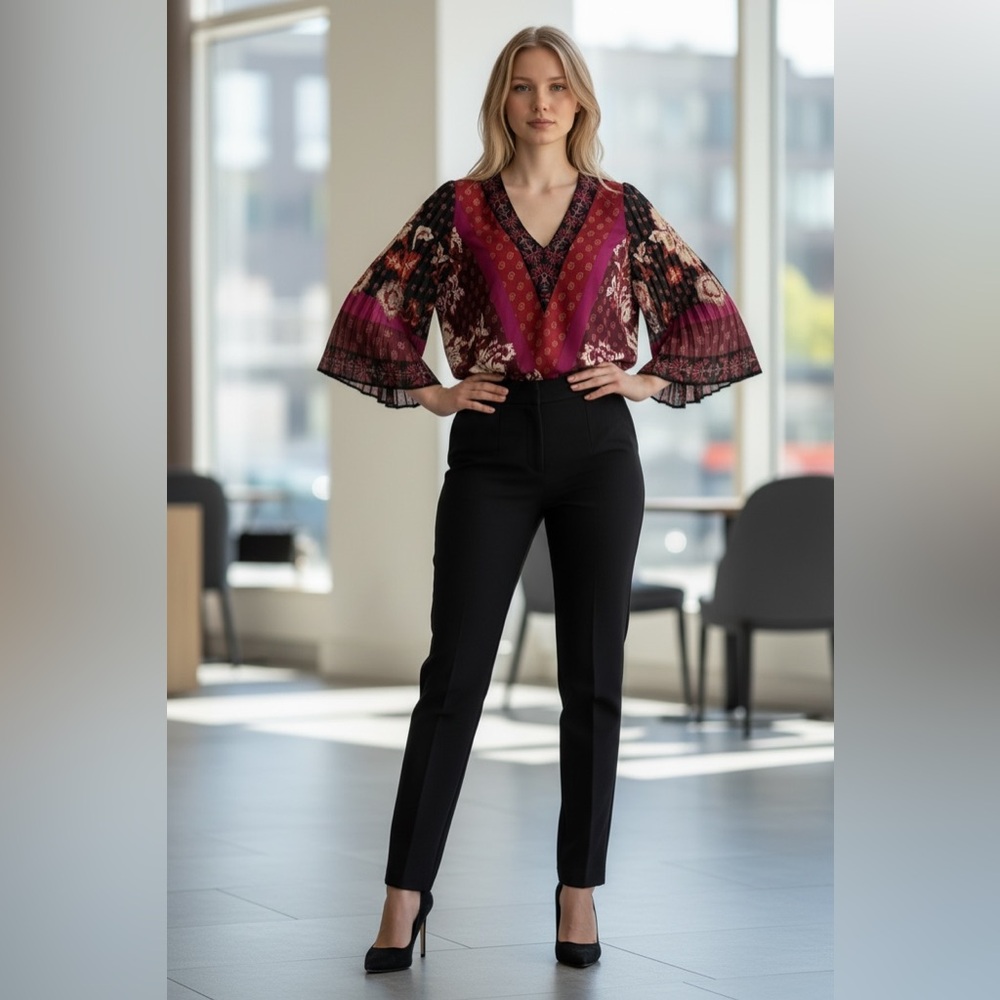 White House Black Market Floral V-Neck Blouse - Red, Black, & Pink